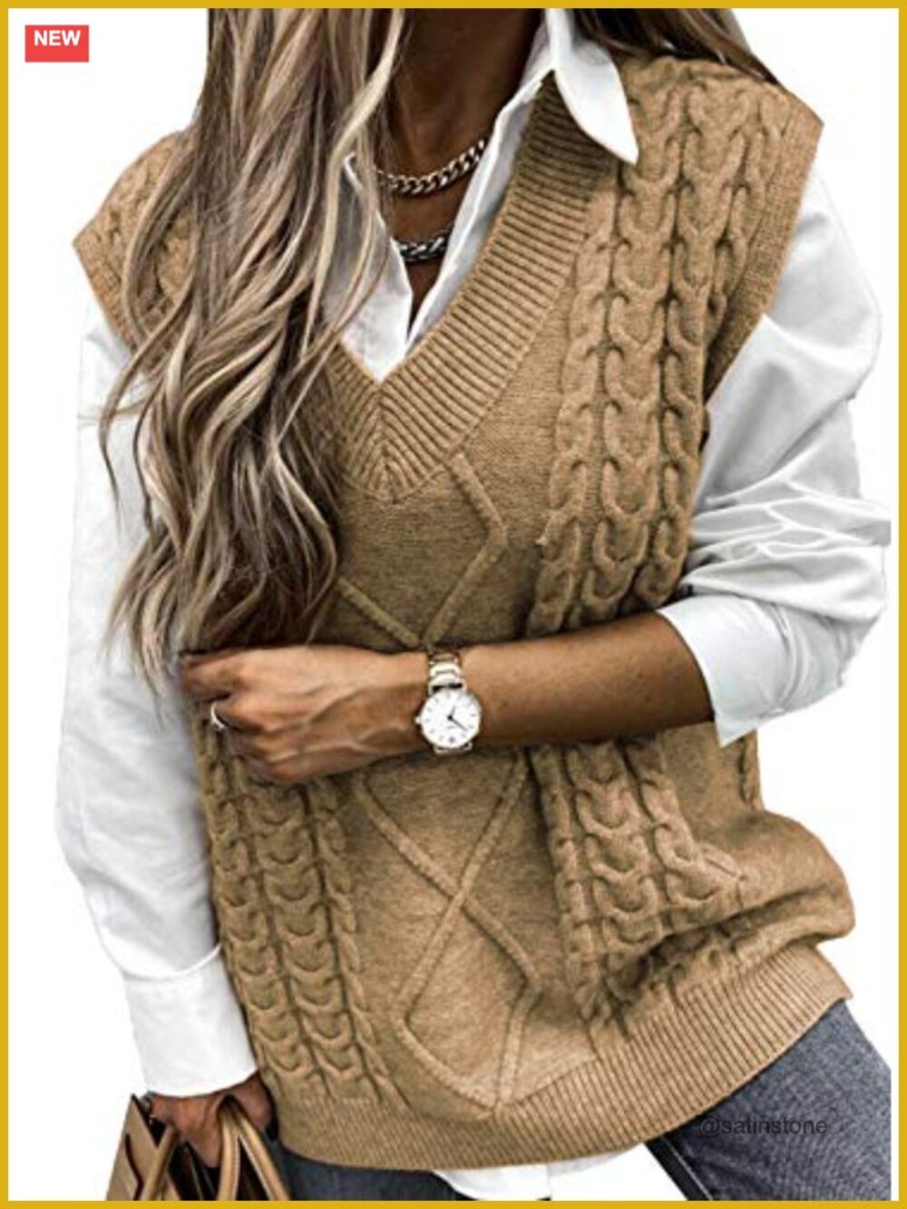Oversized Cable Knit Sweater Vest V Neck Sleeveless Layering Top